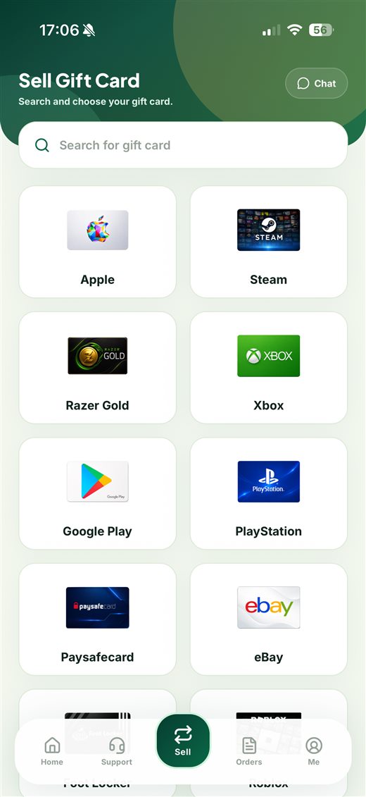 Coolcard app screen for selecting a supported gift card