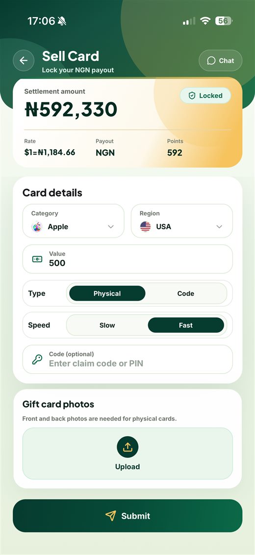 Coolcard sell card flow with card details and upload area
